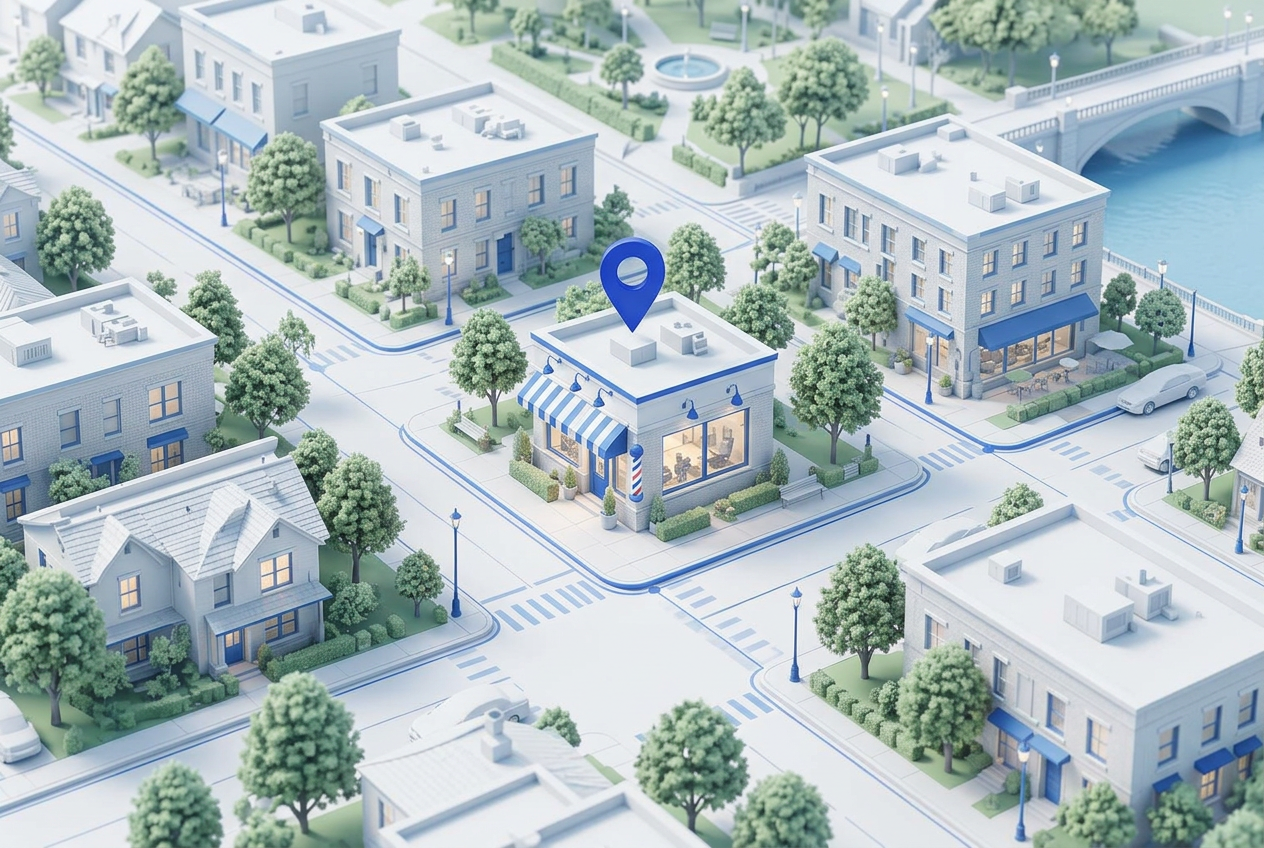 Illustrative neighborhood map with a fictional business connected to local search